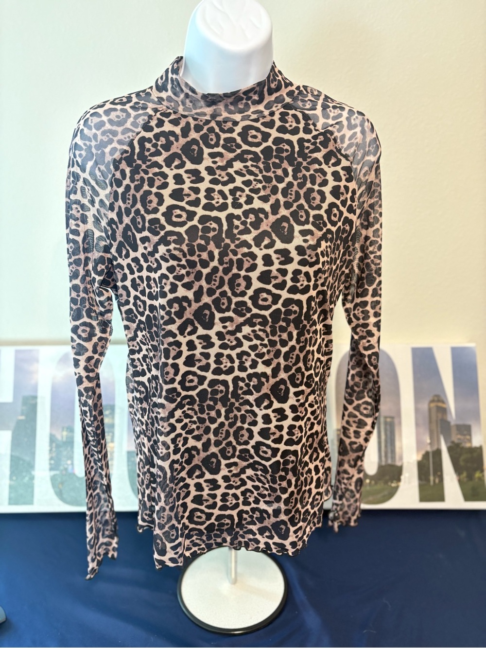 Leopard Print Long-Sleeve Mock Neck Shirt - Beige/Black